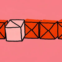Displays A Collection Of Red Rubik S Cube Pieces Arranged In A Line On A Pink Background — Stock Illustration