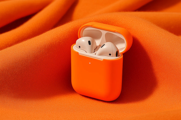 Shows A Small Orange Container With White Earbuds Inside Placed On A Red Fabric Surface — Stock Photo