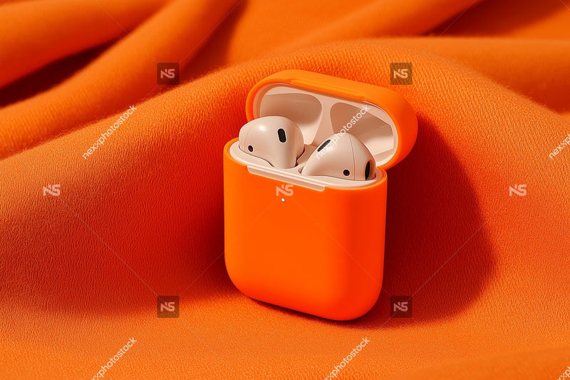 Shows A Small Orange Container With White Earbuds Inside Placed On A Red Fabric Surface — Stock Photo
