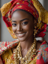 A Woman Wearing Traditional African Attire Including A Headwrap And Jewelry Poses For A Portrait — Stock Photo