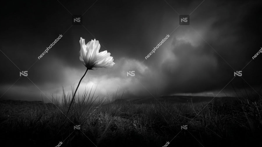 A Single White Flower Stands Tall Against A Dark Sky In A Field Of Grass — Stock Photo