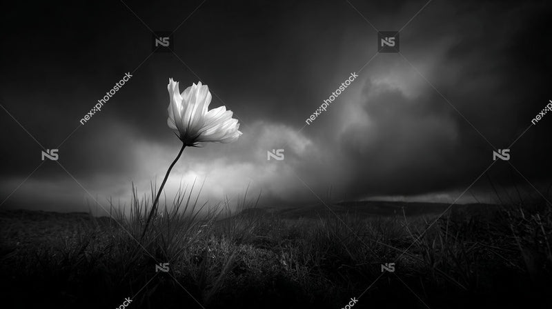 A Single White Flower Stands Tall Against A Dark Sky In A Field Of Grass — Stock Photo