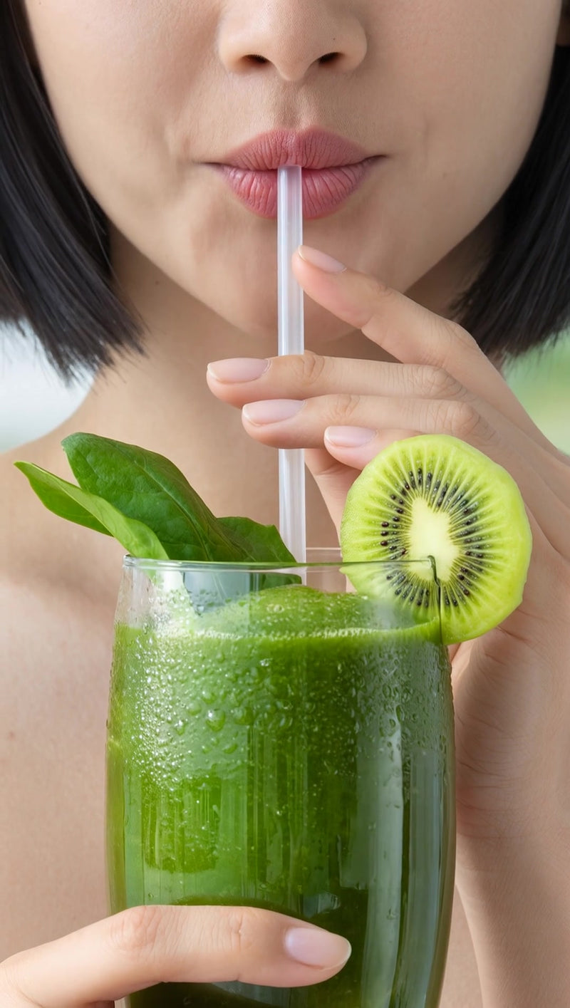 woman sipping from a glass of green smoothie with a slice of kiwi on top - Stock Video