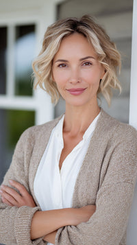 A Portrait Of A Woman Standing Outdoors Wearing A Beige Sweater Vest And Posing With Her Arms Crossed — Stock Photo