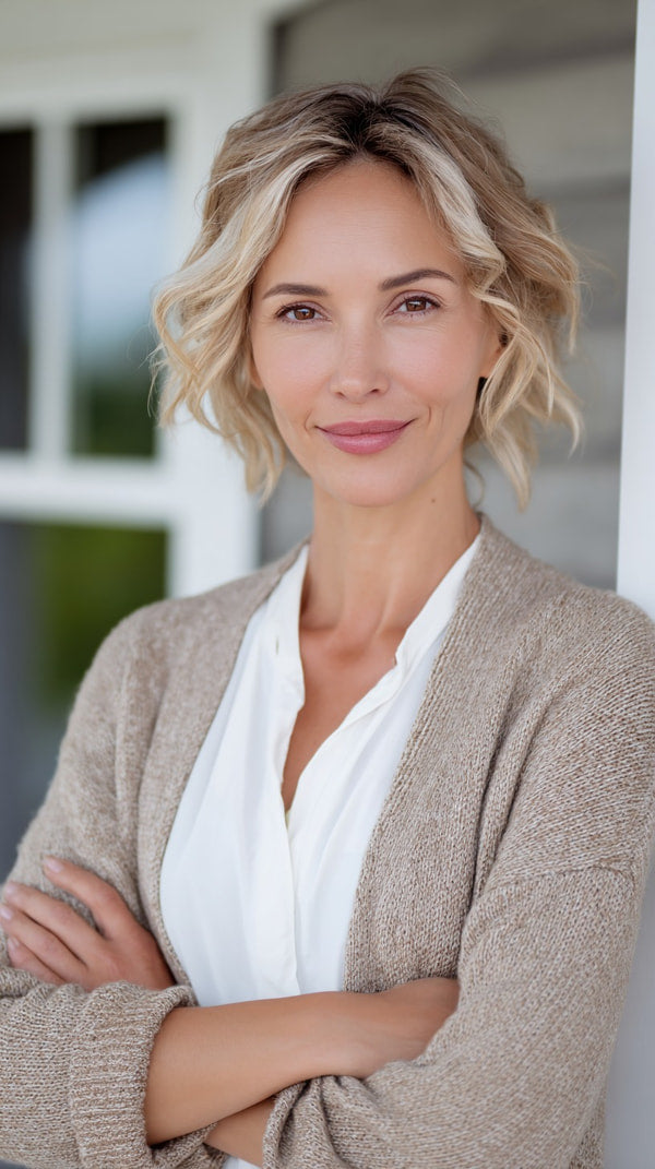 A Portrait Of A Woman Standing Outdoors Wearing A Beige Sweater Vest And Posing With Her Arms Crossed — Stock Photo