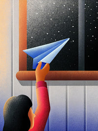 A Person Holding A Paper Airplane In Front Of A Window Looking Out Into The Night Sky With Stars Visible — Stock Illustration