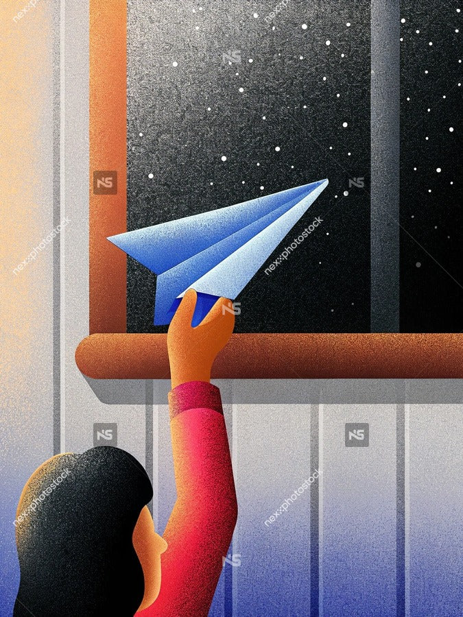 A Person Holding A Paper Airplane In Front Of A Window Looking Out Into The Night Sky With Stars Visible — Stock Illustration