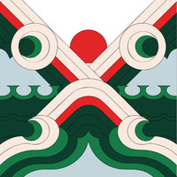 Abstract Design A Symmetrical Pattern With Red And Green Elements Including Geometric Shapes And Lines Set Against A Light Background — Stock Vector