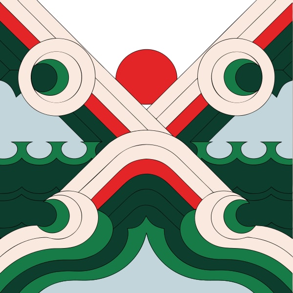Abstract Design A Symmetrical Pattern With Red And Green Elements Including Geometric Shapes And Lines Set Against A Light Background — Stock Vector