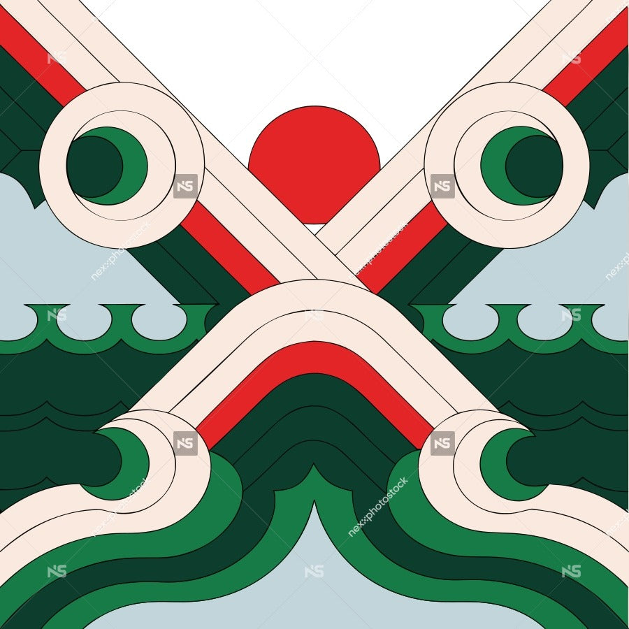 Abstract Design A Symmetrical Pattern With Red And Green Elements Including Geometric Shapes And Lines Set Against A Light Background — Stock Vector