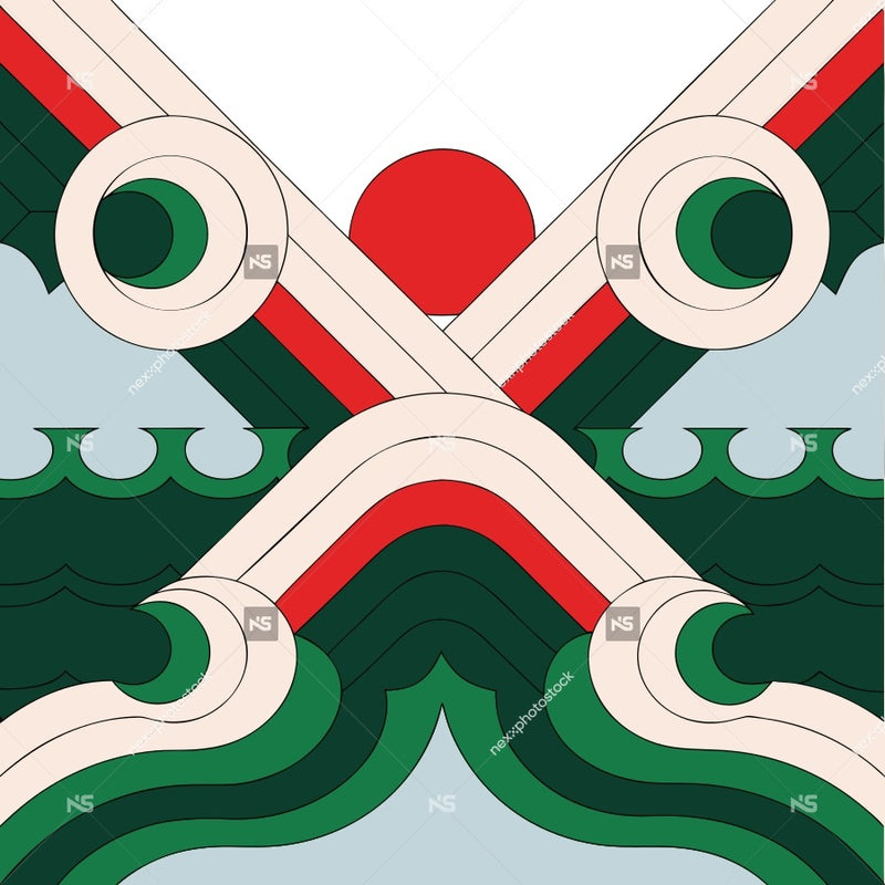 Abstract Design A Symmetrical Pattern With Red And Green Elements Including Geometric Shapes And Lines Set Against A Light Background — Stock Vector