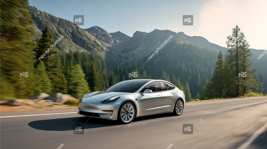 Electric Car Driving On Mountain Road — Stock Photo