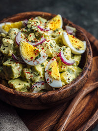 Bowl Of Creamy Egg Salad With Red Onion And Herbs In A Wooden Bowl — Stock Photo