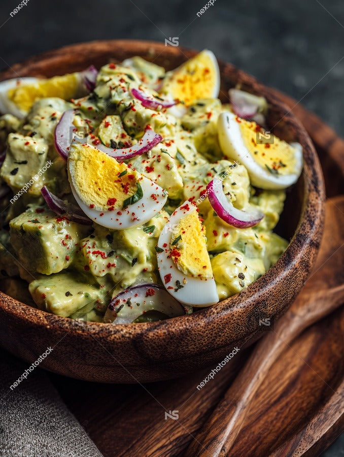 Bowl Of Creamy Egg Salad With Red Onion And Herbs In A Wooden Bowl — Stock Photo
