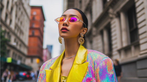 A Woman Stands On A City Street Wearing A Vibrant Yellow Jacket And Sunglasses With Pink Frames — Stock Photo