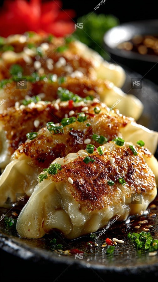 Gourmet Chinese Dumplings With Sesame Seeds And Green Onions Served In A Black Bowl With Chopsticks Garnished With Red Chili Peppers — Stock Photo