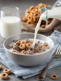 A Glass Bottle Of Milk Being Poured Into A Bowl Of Cereal With A Spoon Visible In The Background — Stock Photo
