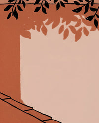 Displays A Red Door With A White Frame Set Against A Backdrop Of A Brick Wall And A Tree With Green Leaves — Stock Illustration