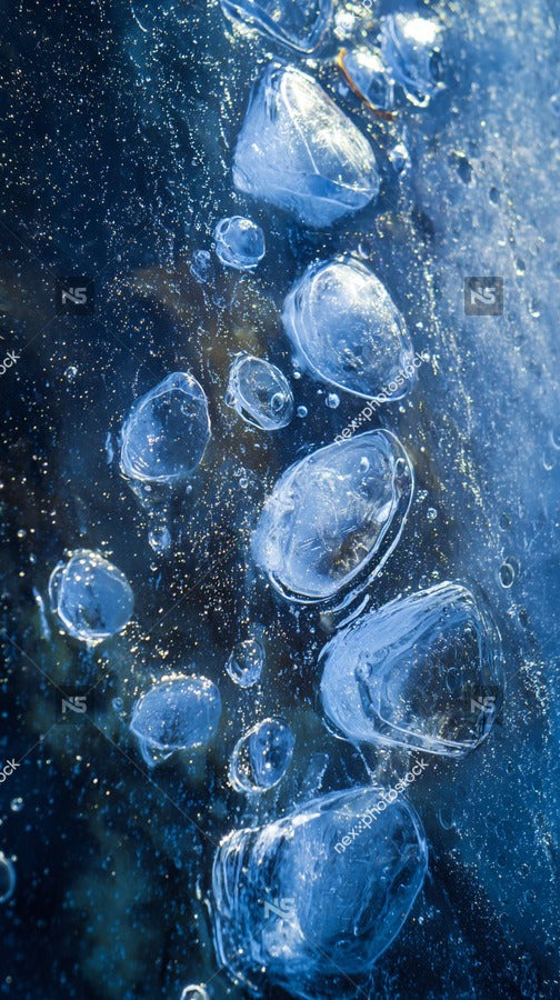 Clear Close Up Image Of Numerous Small Ice Cubes Floating In A Dark Liquid With A Blue Background And Soft Lighting — Stock Photo