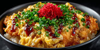 Japanese Fried Rice Topped With Sushi Ingredients Served In A Black Bowl On A Dark Surface — Stock Photo