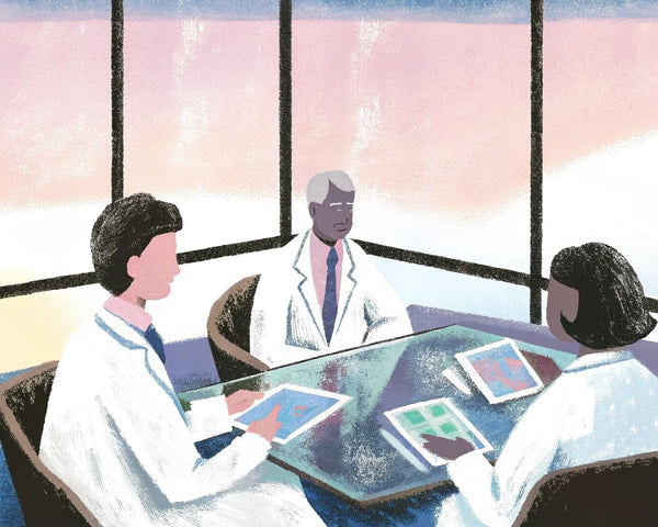 Medical Conference In Progress With A Group Of Doctors And Nurses Gathered Around A Table Discussing And Reviewing Medical Records On Laptops — Stock Illustration