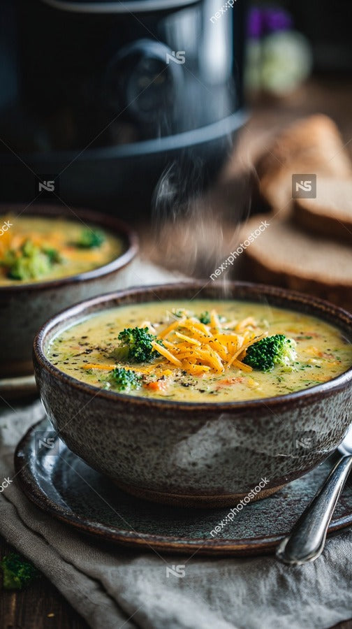 Creamy Broccoli Soup Served In A Bowl On A Table With A Spoon Visible In The Background — Stock Photo