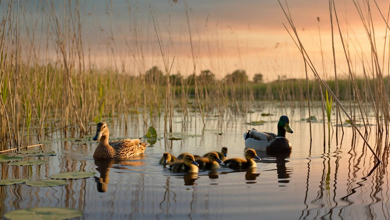 duck family in pond at sunset - Stock Video