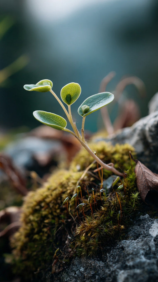 Small Plant Sprouting From Mossy Rock Garden — Stock Photo