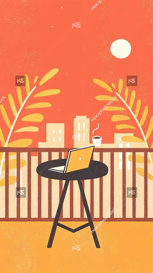 Illustration Of A Laptop On A Table In Front Of A Balcony View At Sunset — Stock Illustration