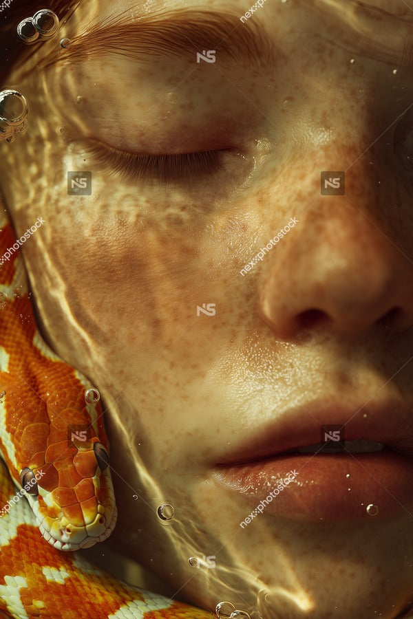 A Young Woman With Freckles Submerges Her Face In Water With A Snake Wrapped Around Her Neck — Stock Photo