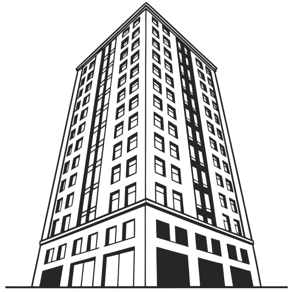 Black And White Illustration Of A Tall Building With Numerous Windows Standing Alone In An Urban Setting — Stock Vector