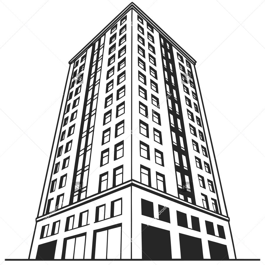 Black And White Illustration Of A Tall Building With Numerous Windows Standing Alone In An Urban Setting — Stock Vector