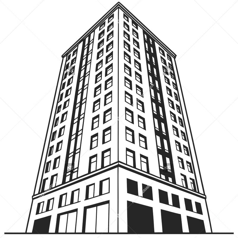 Black And White Illustration Of A Tall Building With Numerous Windows Standing Alone In An Urban Setting — Stock Vector