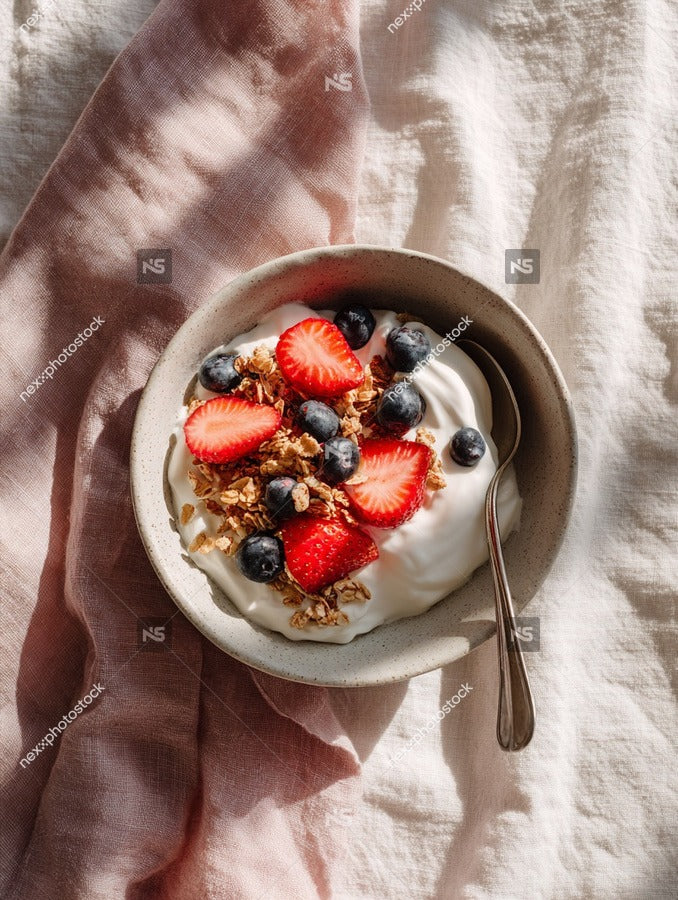 A Bowl Of Yogurt Topped With Berries And Granola Served On A Wooden Table — Stock Photo