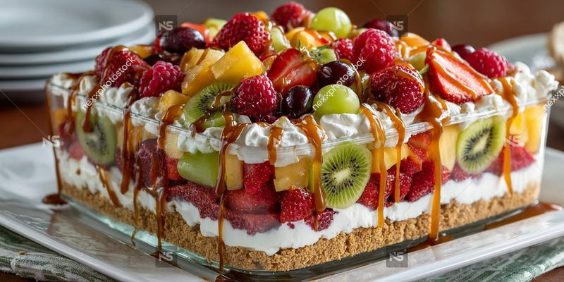 A Fruit Tart Topped With Whipped Cream Garnished With Fresh Berries And A Drizzle Of Caramel Sauce — Stock Photo