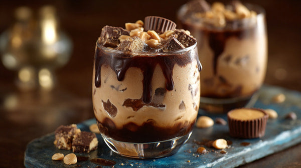 A Delicious Chocolate Caramel Ice Cream Sundae With Crushed Nuts Served In A Glass Jar And Garnished With Whipped Cream — Stock Photo