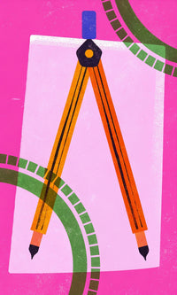 A Pair Of Compasses On A Pink Background With A Ruler And A Drawing Of A Train Track — Stock Illustration