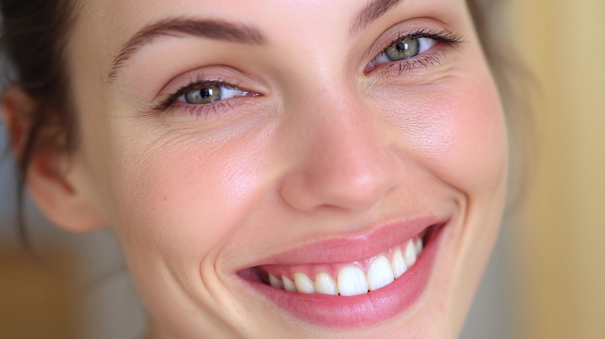 a woman with blue eyes is captured in a close up portrait smiling at the camera - Stock Video