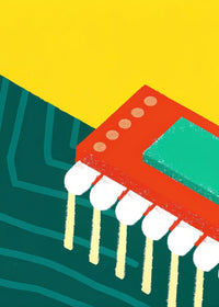 A Colorful Circuit Board With Red Yellow And Green Components Against A Blue Background — Stock Illustration