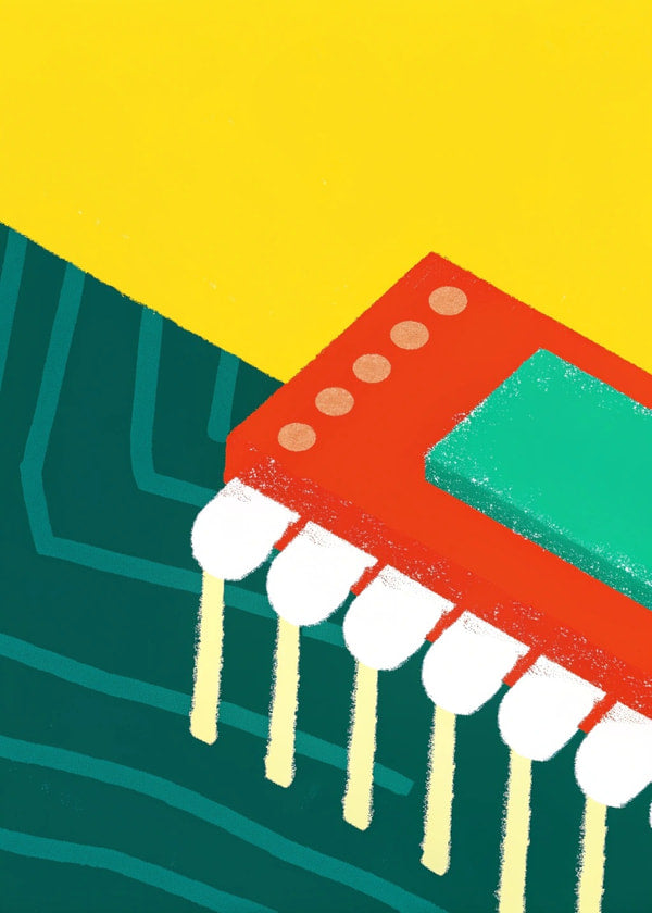 A Colorful Circuit Board With Red Yellow And Green Components Against A Blue Background — Stock Illustration