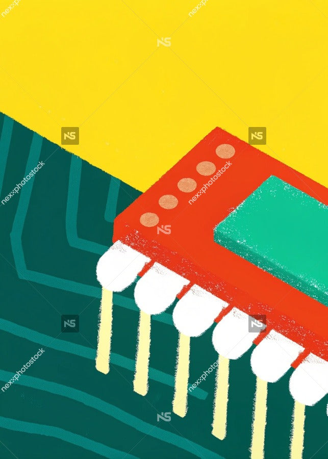 A Colorful Circuit Board With Red Yellow And Green Components Against A Blue Background — Stock Illustration