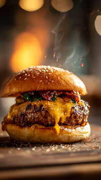 Cheeseburger With Melted Cheese On A Bun Served In A Restaurant Setting With Visible Smoke From The Grill — Stock Photo