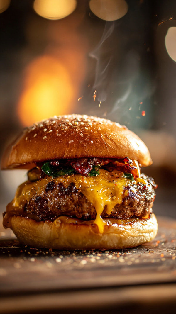 Cheeseburger With Melted Cheese On A Bun Served In A Restaurant Setting With Visible Smoke From The Grill — Stock Photo