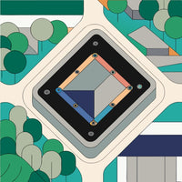 A Stylized Cityscape A Geometric Centerpiece A Map Abstract Design Surrounded By Various Buildings And Trees — Stock Vector
