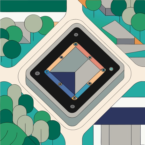 A Stylized Cityscape A Geometric Centerpiece A Map Abstract Design Surrounded By Various Buildings And Trees — Stock Vector
