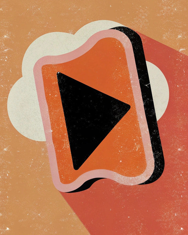 Displays A Vintage Style Play Button Icon Which Is A Stylized Representation Of A Video Player S Play Symbol — Stock Illustration