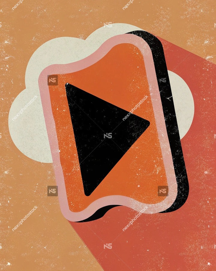 Displays A Vintage Style Play Button Icon Which Is A Stylized Representation Of A Video Player S Play Symbol — Stock Illustration