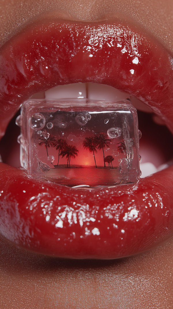A Close Up Photograph A Person S Lips With A Clear Cube Of Ice Placed In Front Of Them — Stock Photo