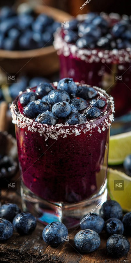 Blueberry Margarita Shots With Blueberries And Lime Garnished With A Salted Rim Served In Shot Glasses — Stock Photo