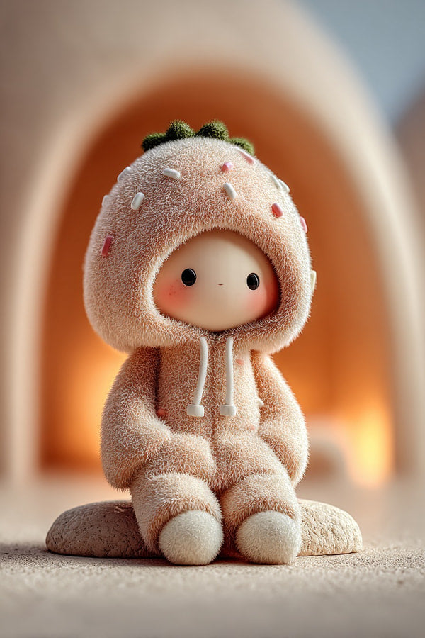 A Plush Toy Resembling A Strawberry Wearing A Hooded Sweatshirt Is Sitting On The Floor Indoors — Stock Photo